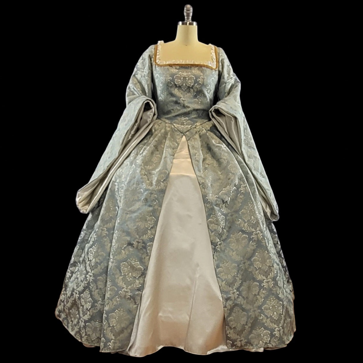 Powder Blue Brocade Tudor Style Gown with Satin Sleeves