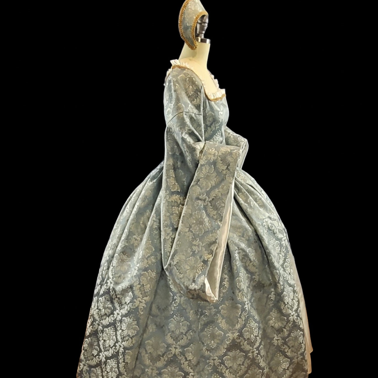 Powder Blue Brocade Tudor Style Gown with Satin Sleeves