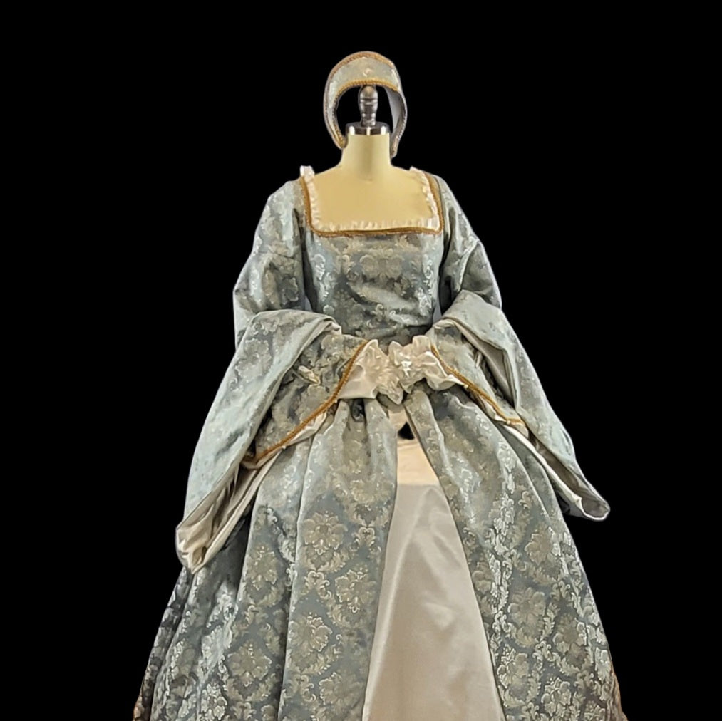 Powder Blue Brocade Tudor Style Gown with Satin Sleeves