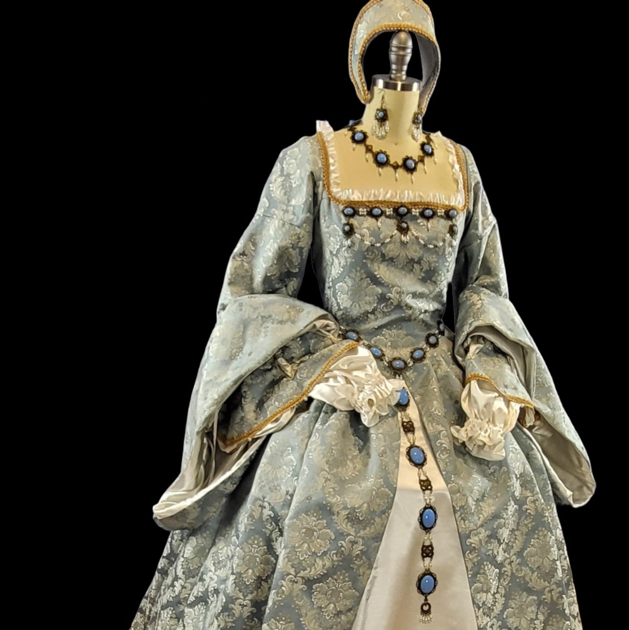 Powder Blue Brocade Tudor Style Gown with Satin Sleeves