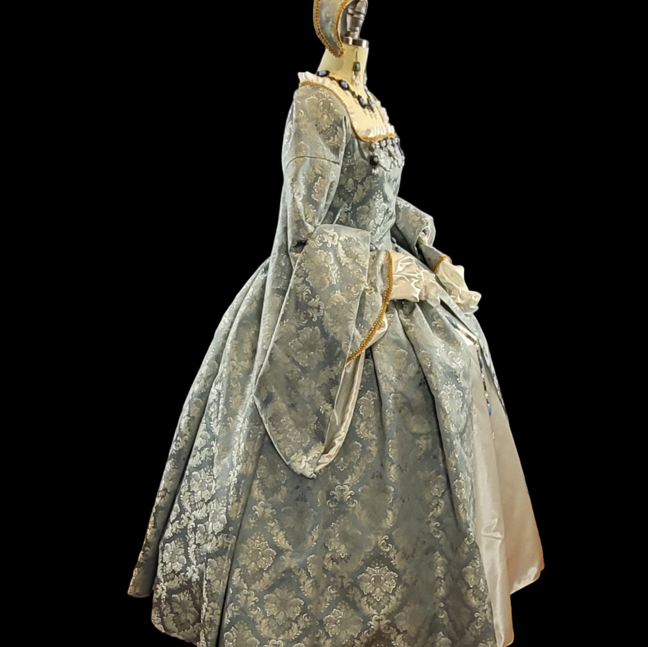 Powder Blue Brocade Tudor Style Gown with Satin Sleeves