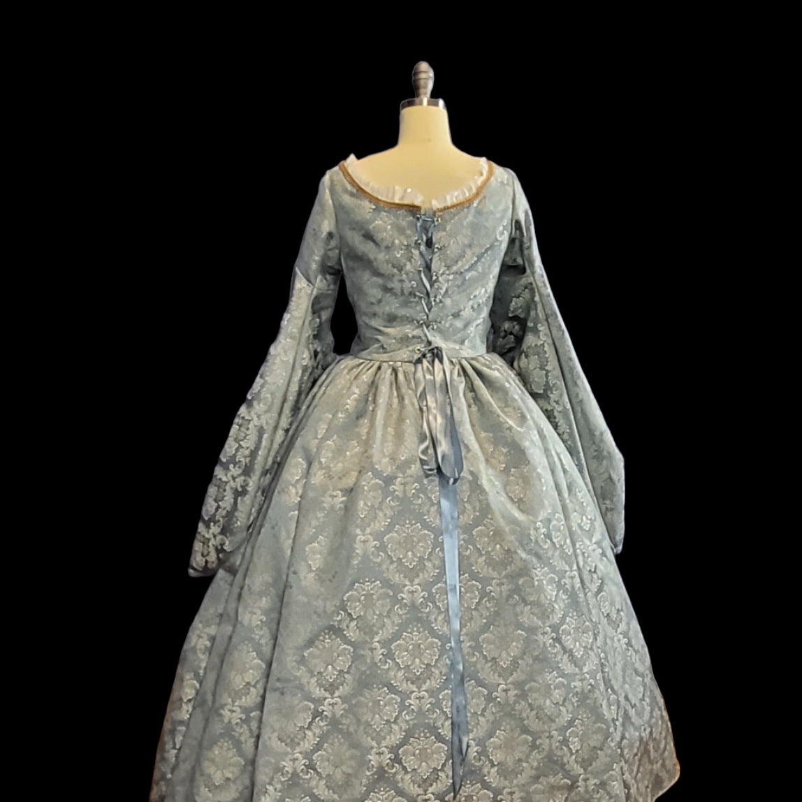 Powder Blue Brocade Tudor Style Gown with Satin Sleeves