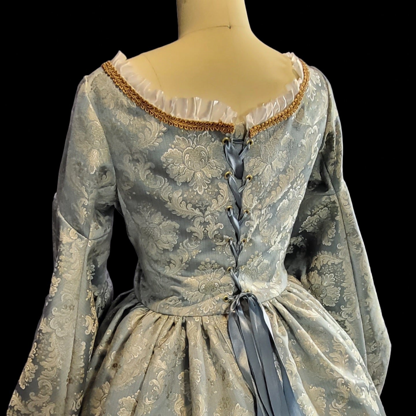 Powder Blue Brocade Tudor Style Gown with Satin Sleeves