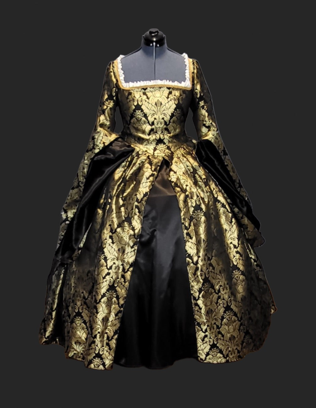 Black Brocade Tudor Style Gown with Satin Sleeves