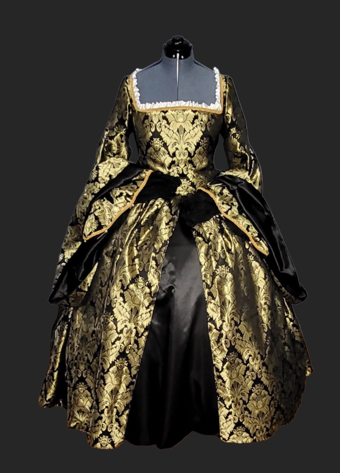 Black Brocade Tudor Style Gown with Satin Sleeves