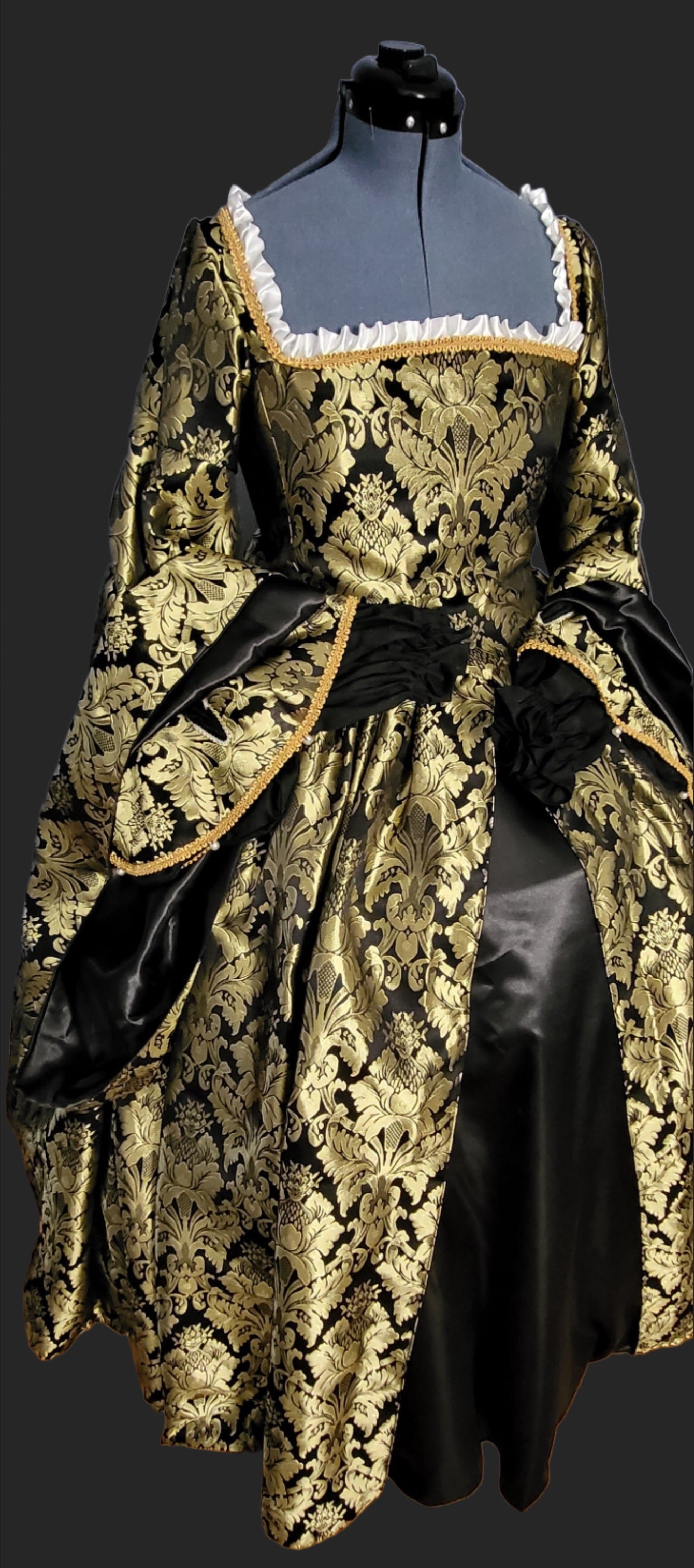 Black Brocade Tudor Style Gown with Satin Sleeves