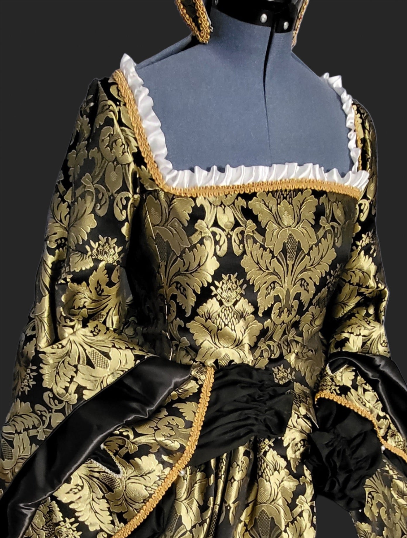 Black Brocade Tudor Style Gown with Satin Sleeves