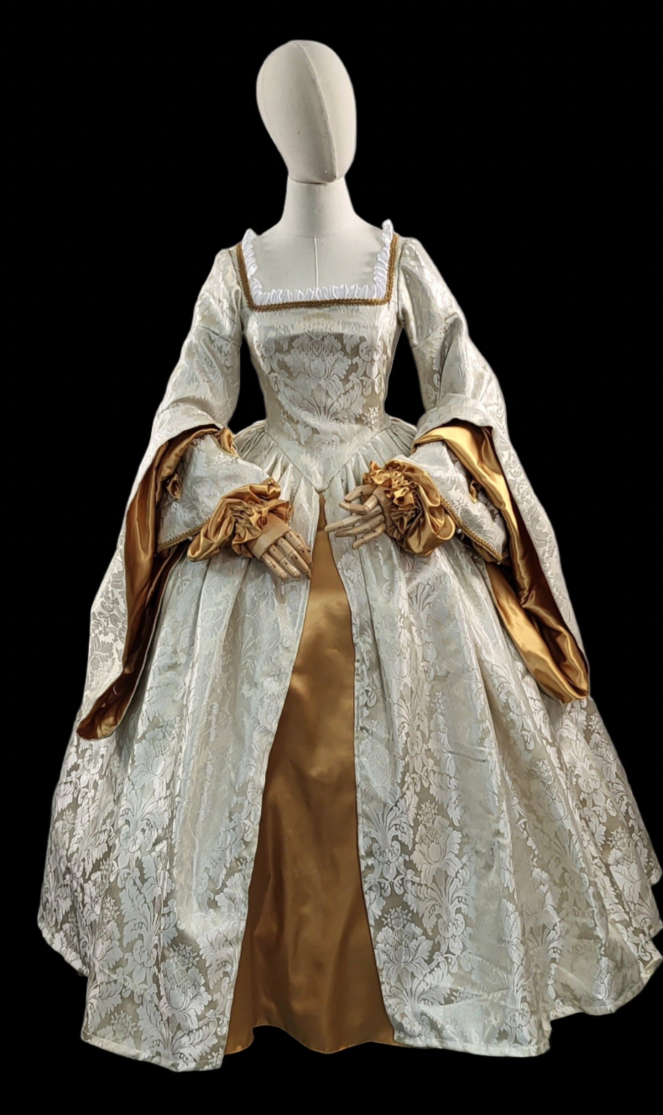 Tudor Style Gown in Cream Brocade with Gold Satin Accents