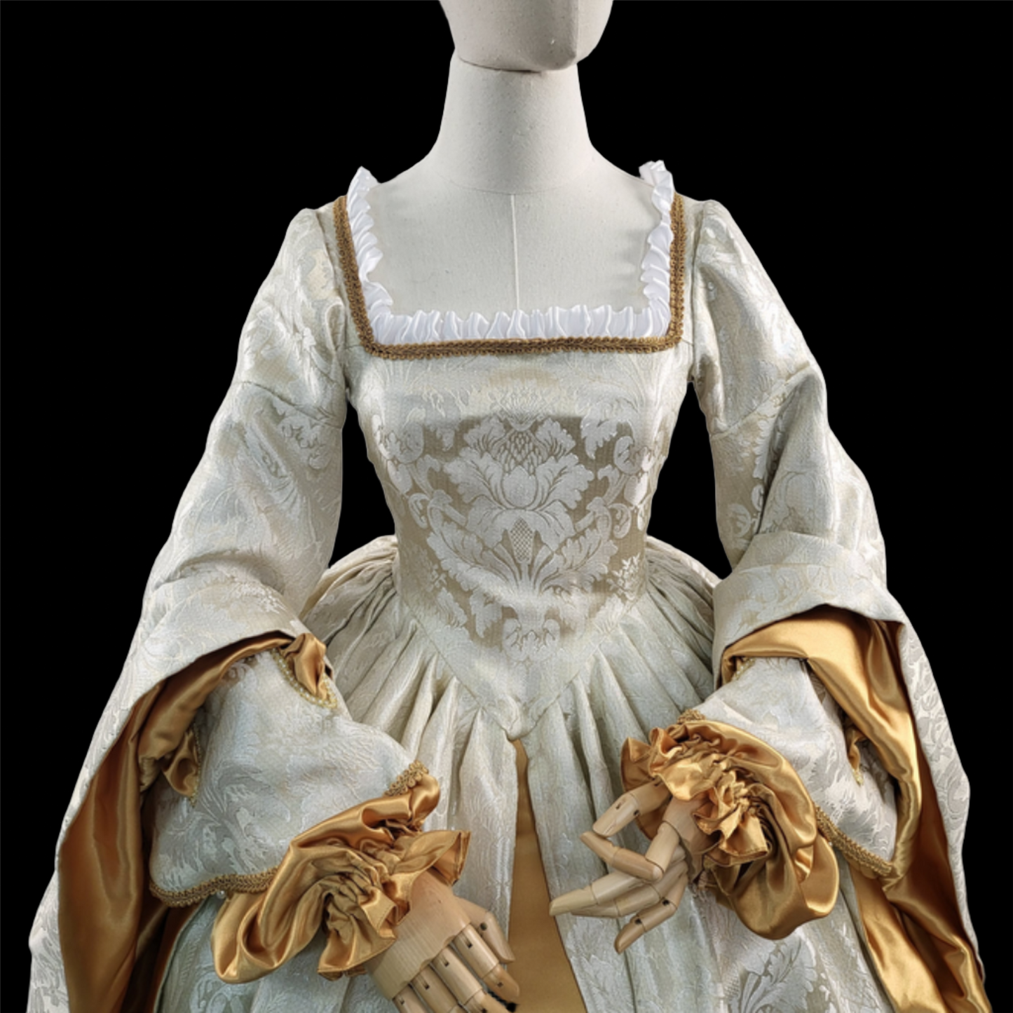 Tudor Style Gown in Cream Brocade with Gold Satin Accents