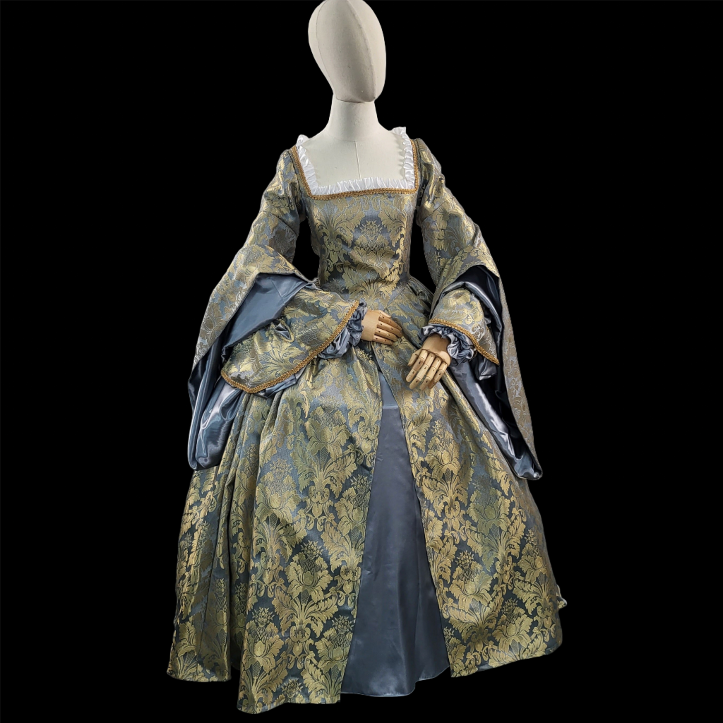 Baby Blue Brocade Tudor Style Gown with Satin Sleeves