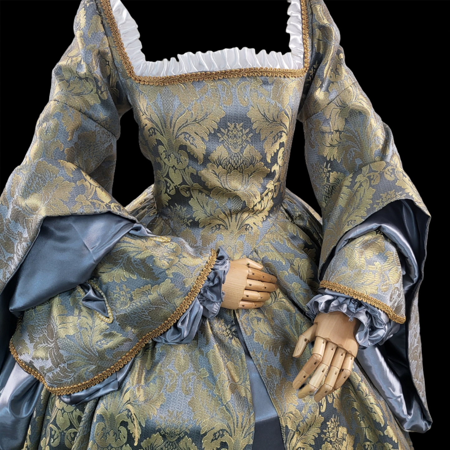 Baby Blue Brocade Tudor Style Gown with Satin Sleeves