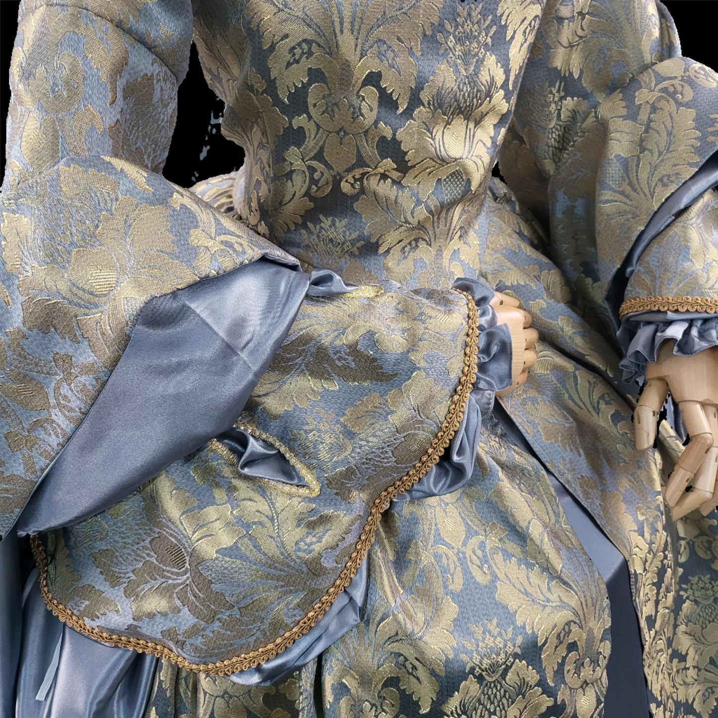 Baby Blue Brocade Tudor Style Gown with Satin Sleeves