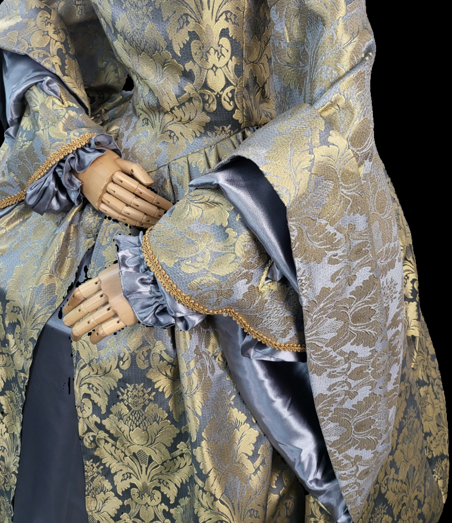 Baby Blue Brocade Tudor Style Gown with Satin Sleeves