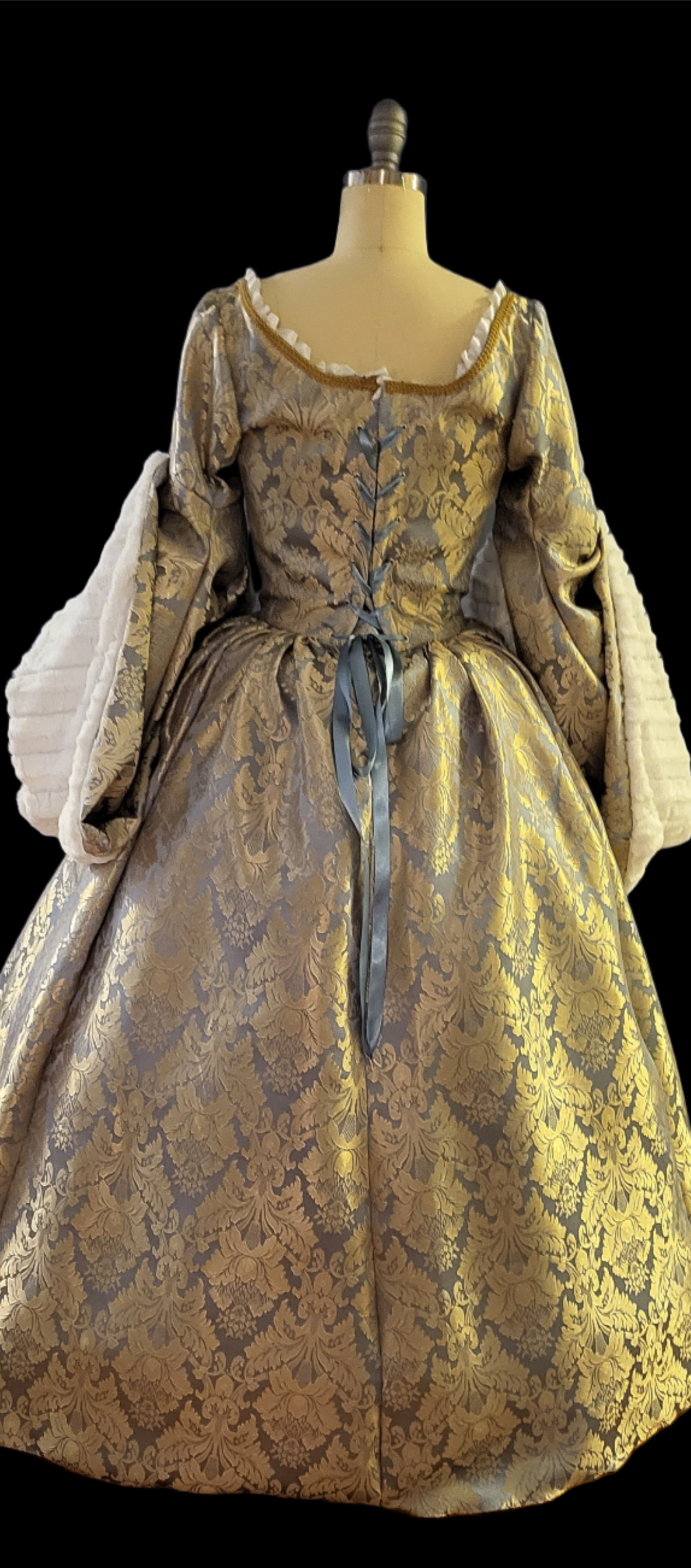 Baby Blue Brocade Tudor Style Gown with Fur Trimmed Sleeves