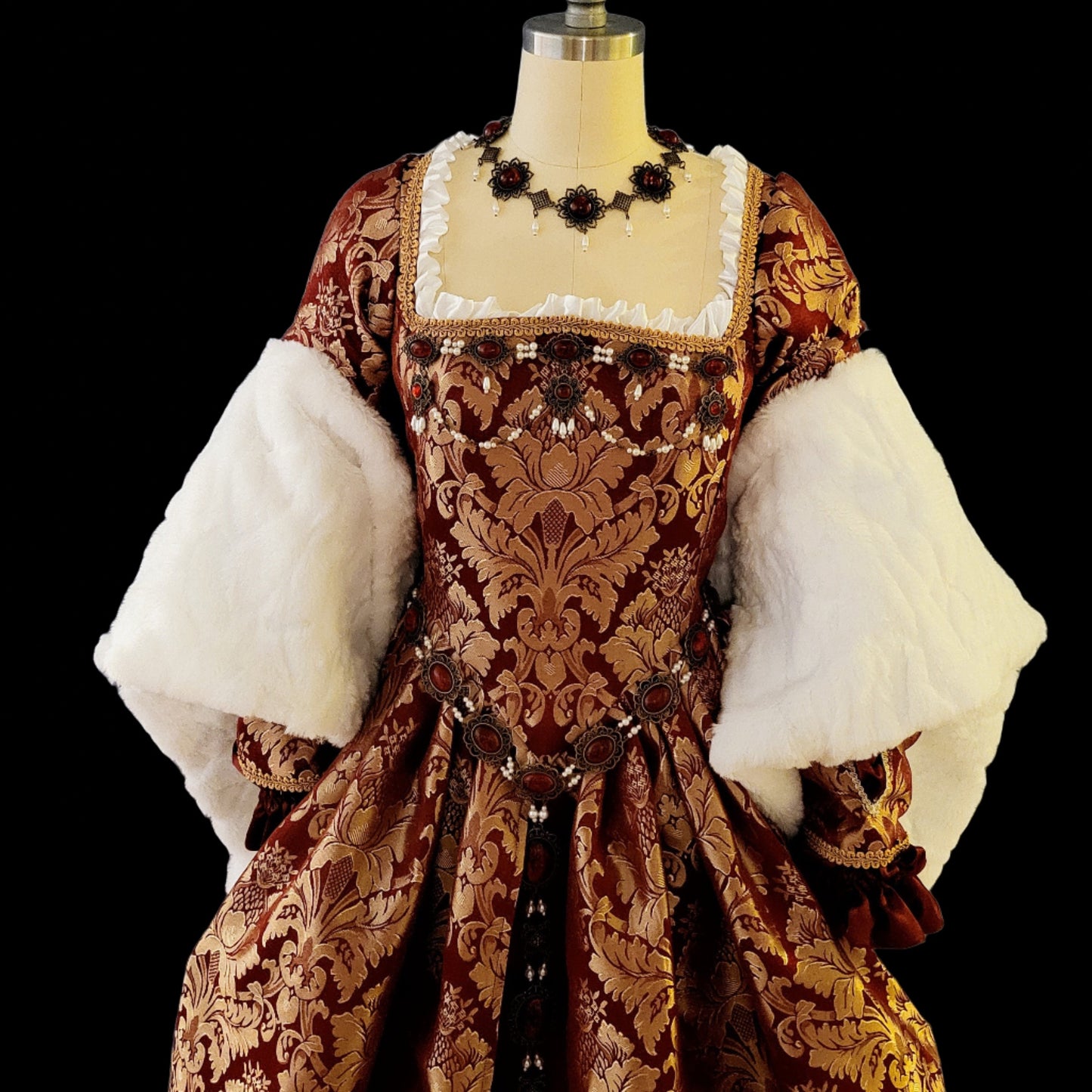 Burgundy Brocade Tudor Style Gown with Fur Trimmed Sleeves