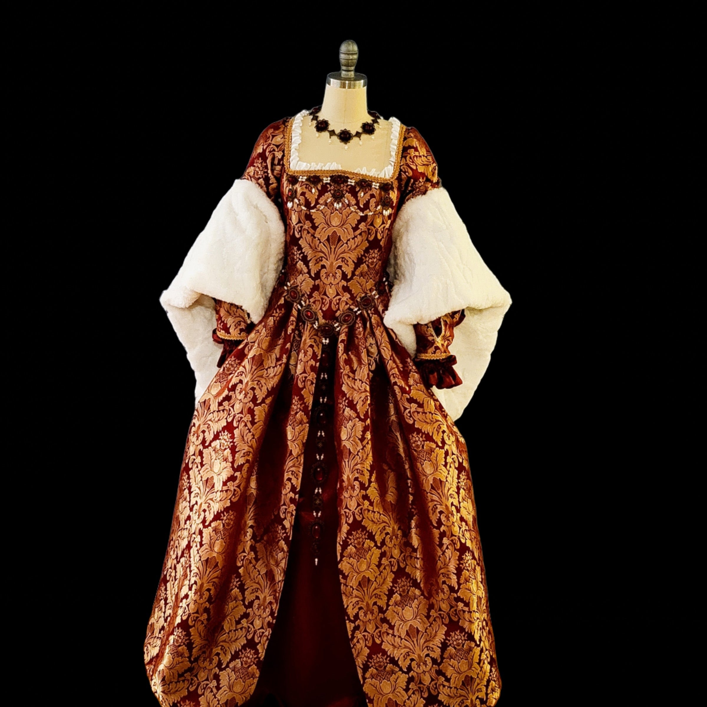 Burgundy Brocade Tudor Style Gown with Fur Trimmed Sleeves – Roxie ...