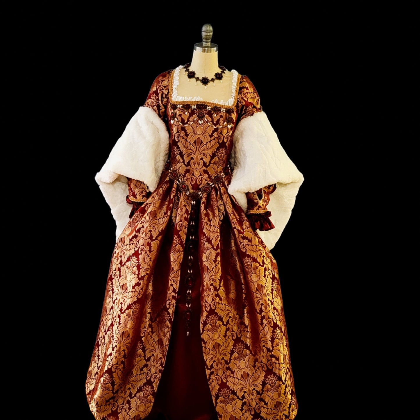 Burgundy Brocade Tudor Style Gown with Fur Trimmed Sleeves