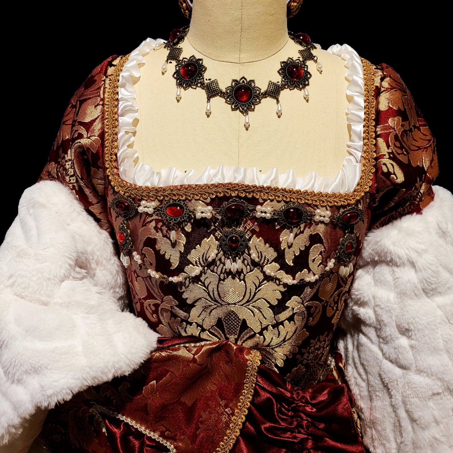 Burgundy Brocade Tudor Style Gown with Fur Trimmed Sleeves