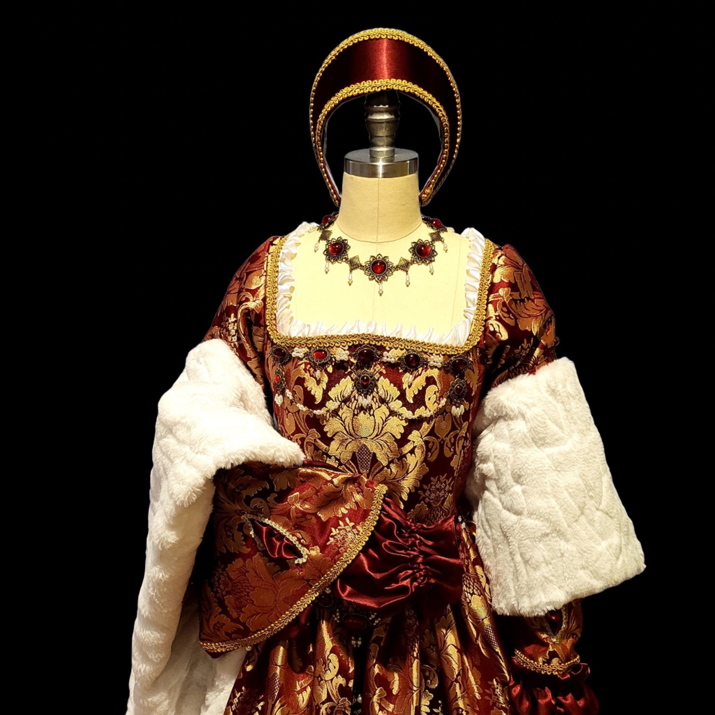 Burgundy Brocade Tudor Style Gown with Fur Trimmed Sleeves