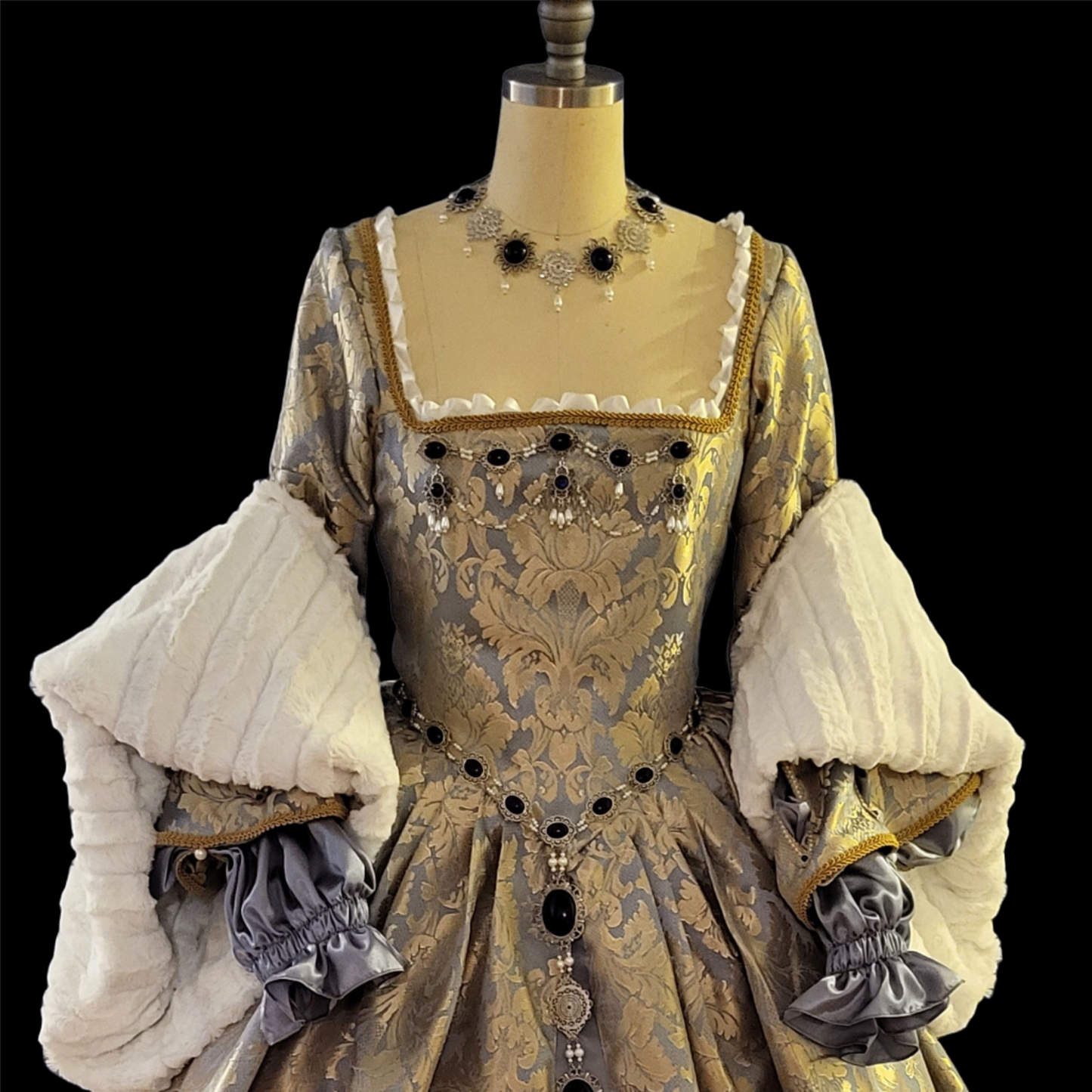 Baby Blue Brocade Tudor Style Gown with Fur Trimmed Sleeves